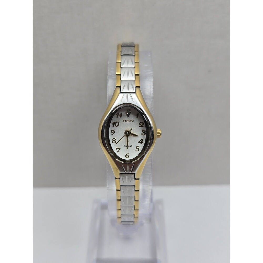 Elgin Diamond Womens Two Tone Gold Silver Oval Quartz Bracelet Watch New Battery